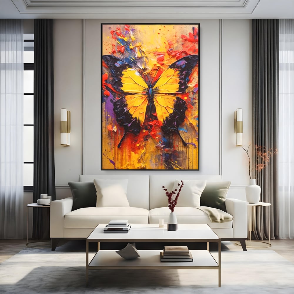 Tablou canvas cu pictura cu fluture galben, in rama de aluminiu negru, pe perete intr-un living